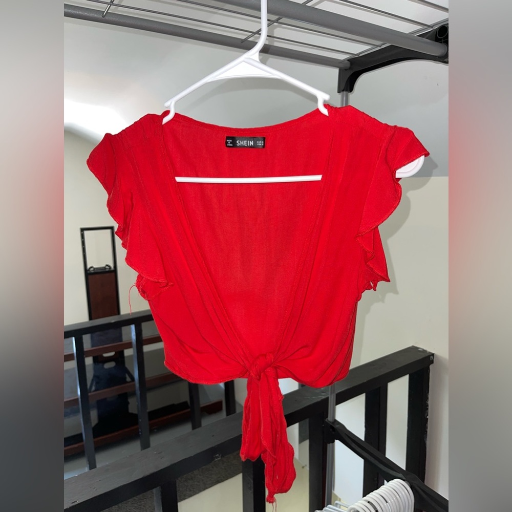 Red Shein T Shirt With Tie in Front